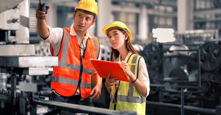 engineer wearing safety vest controlling machine working talking